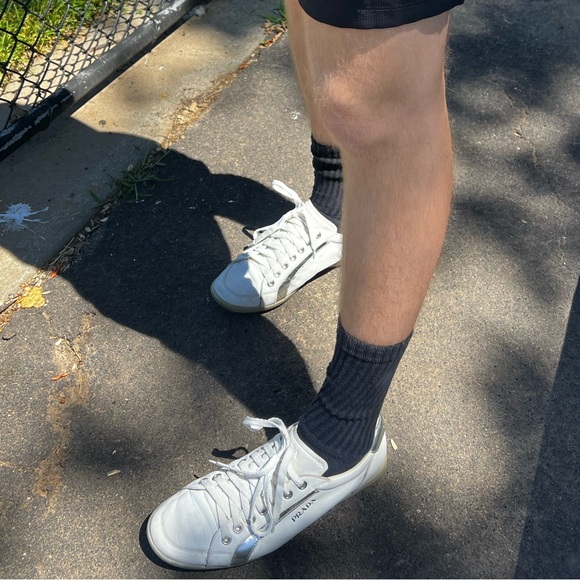 PRADA MEN SILVER FOIL METALLIC SHOES LEATHER SNEAKER SPORT 11 RUNNER WHITE ITALY - Picture 5 of 16